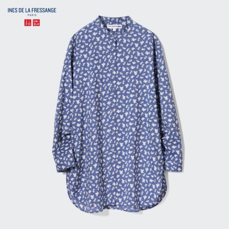 Chemises Uniqlo Cotton Silk Long-Sleeve Tunic Femme Bleu | 6683629