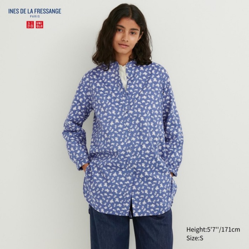 Chemises Uniqlo Cotton Silk Long-Sleeve Tunic Femme Bleu | 6683629