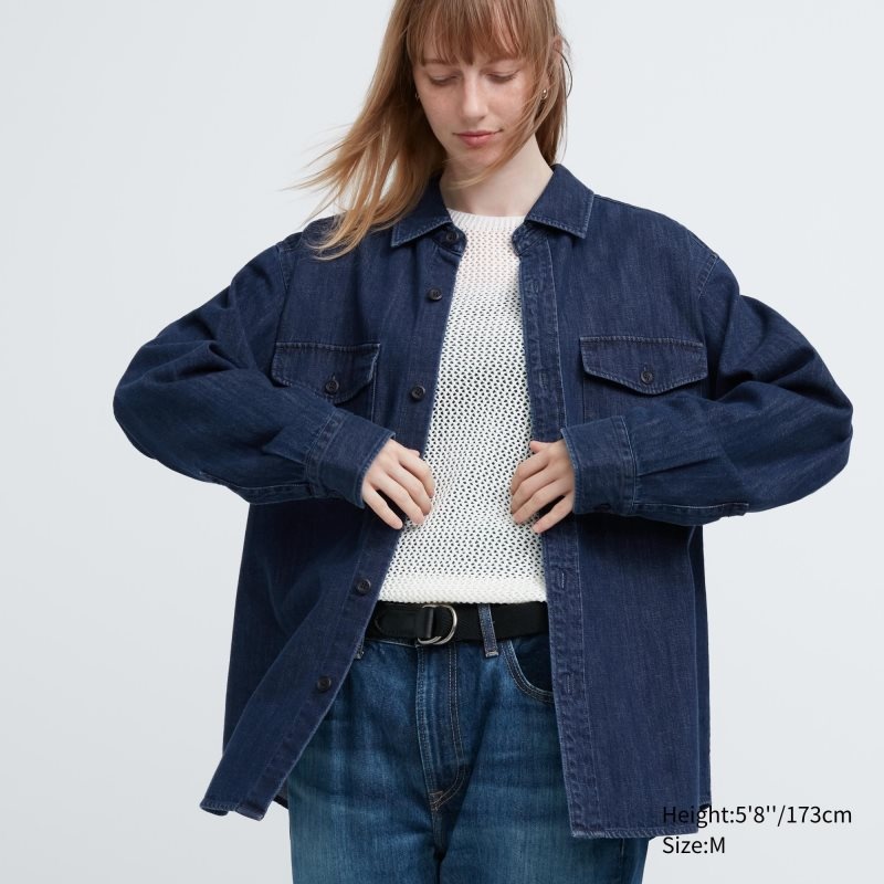 Chemises Uniqlo Denim Utility Long-sleeve Overshirt Homme Bleu | 858987