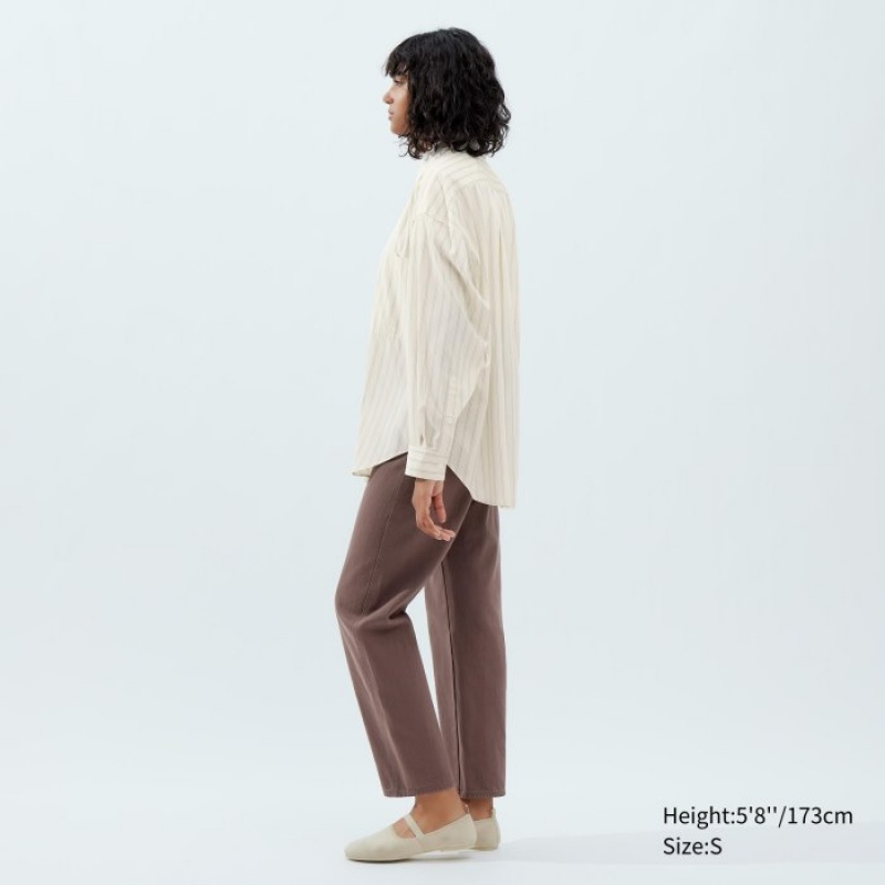 Chemises Uniqlo Draped Striped Long-Sleeve Femme Blanche | 3350482