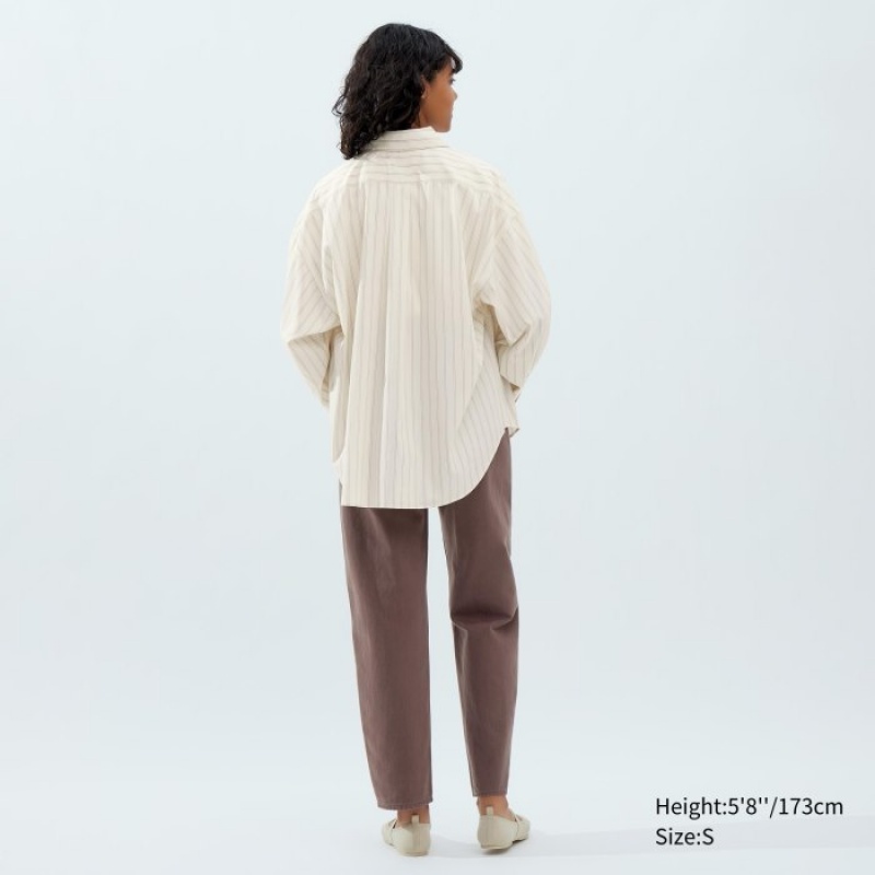 Chemises Uniqlo Draped Striped Long-Sleeve Femme Blanche | 3350482