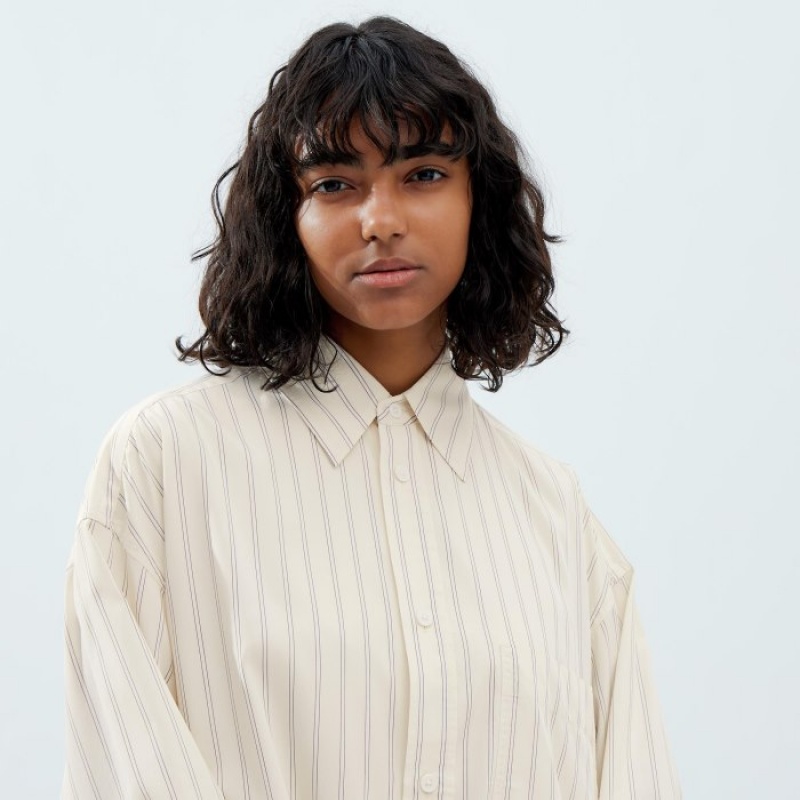 Chemises Uniqlo Draped Striped Long-Sleeve Femme Blanche | 3350482
