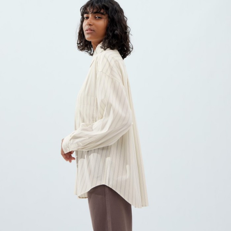 Chemises Uniqlo Draped Striped Long-Sleeve Femme Blanche | 3350482