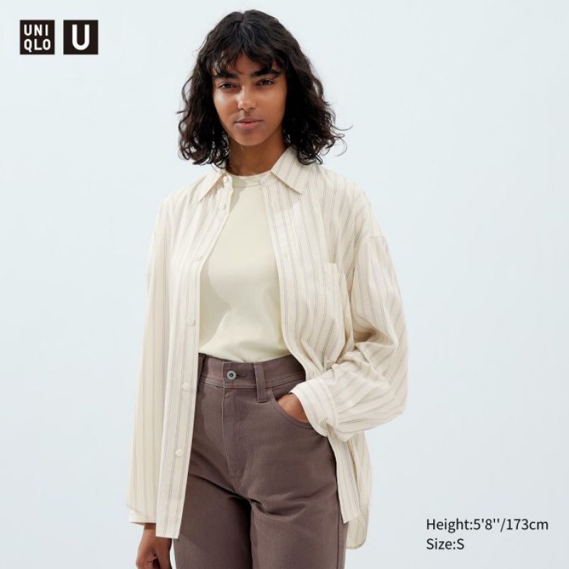 Chemises Uniqlo Draped Striped Long-Sleeve Femme Blanche | 3350482