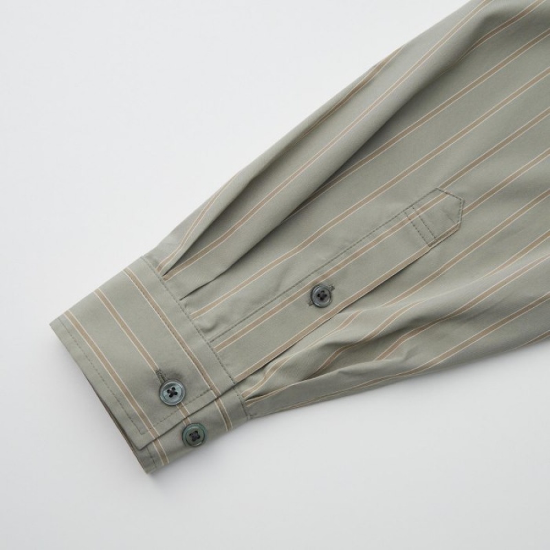Chemises Uniqlo Draped Striped Long-Sleeve Femme Vert Olive | 6509373