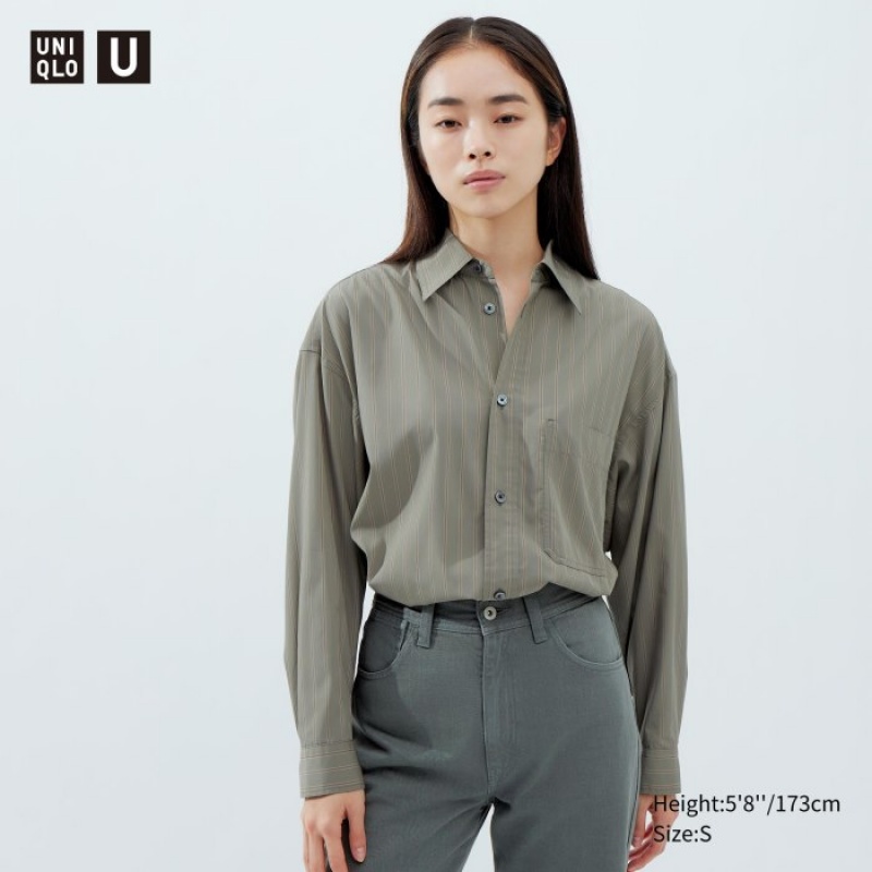 Chemises Uniqlo Draped Striped Long-Sleeve Femme Vert Olive | 6509373