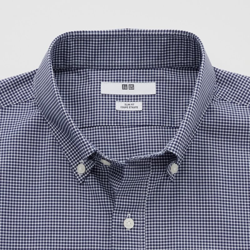 Chemises Uniqlo Easy Care Checked Stretch Slim-fit Long-sleeve Homme Bleu Marine | 9558826
