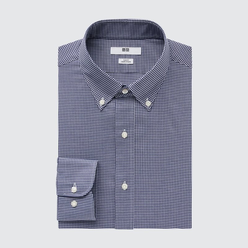Chemises Uniqlo Easy Care Checked Stretch Slim-fit Long-sleeve Homme Bleu Marine | 9558826