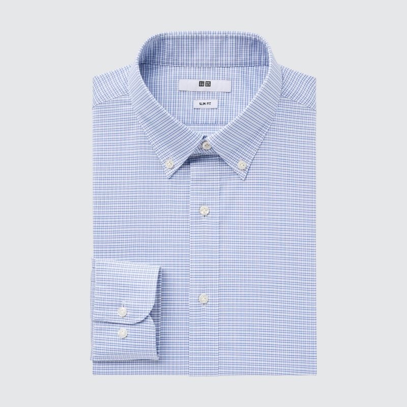 Chemises Uniqlo Easy Care Checked Stretch Slim-fit Long-sleeve Homme Bleu | 2636171