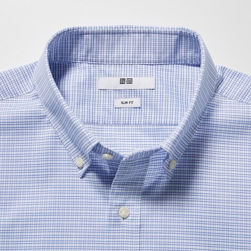 Chemises Uniqlo Easy Care Checked Stretch Slim-fit Long-sleeve Homme Bleu | 2636171