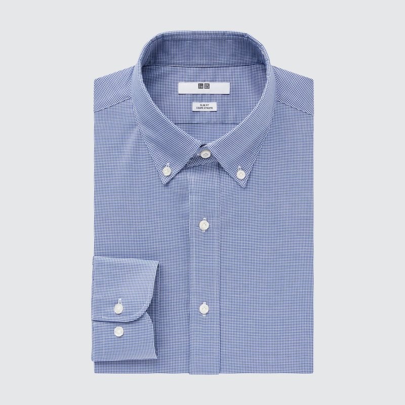 Chemises Uniqlo Easy Care Checked Stretch Slim-fit Long-sleeve Homme Bleu | 9599259