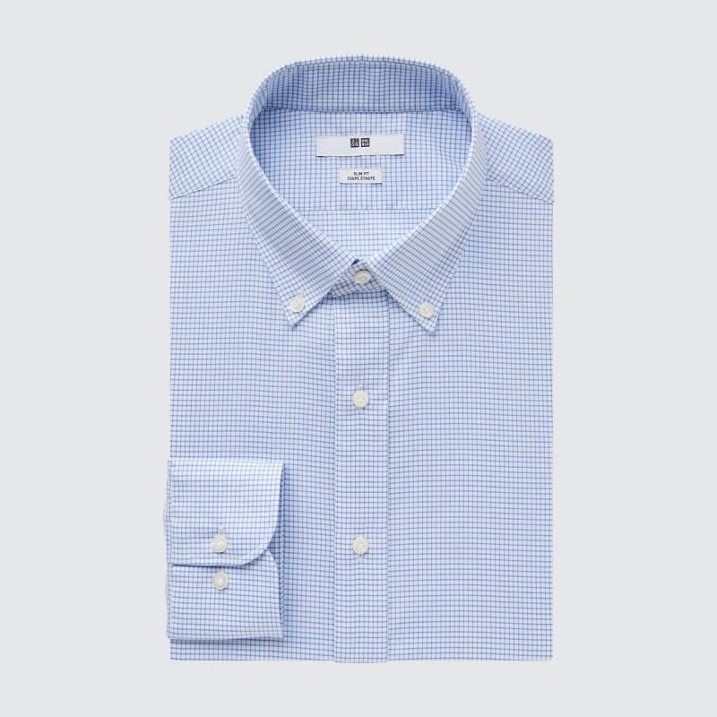 Chemises Uniqlo Easy Care Checked Stretch Slim-fit Long-sleeve Homme Bleu | 8110320