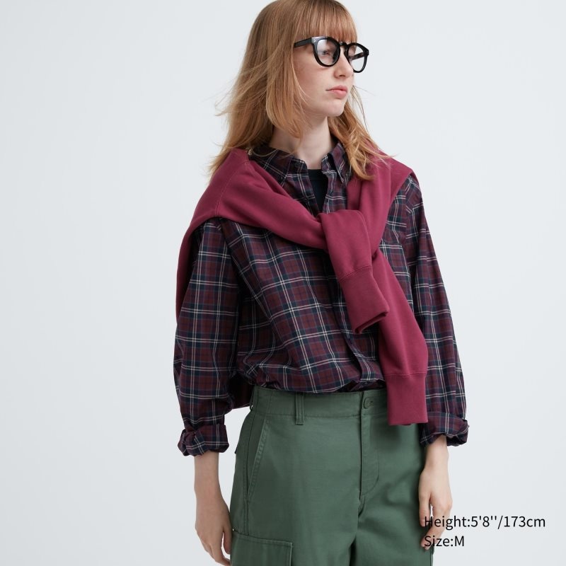 Chemises Uniqlo Extra Fine Cotton Broadcloth Checked Long-sleeve Homme Bordeaux | 9310063