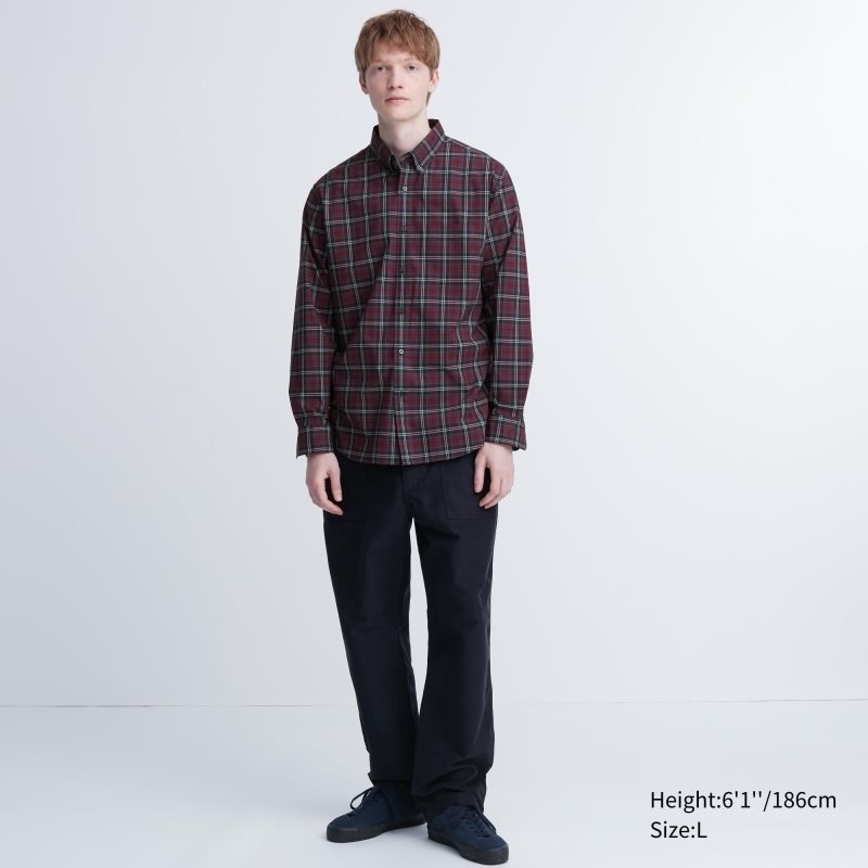 Chemises Uniqlo Extra Fine Cotton Broadcloth Checked Long-sleeve Homme Bordeaux | 9310063