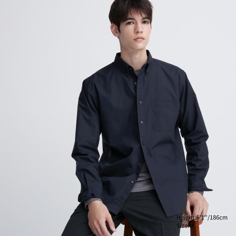 Chemises Uniqlo Extra Fine Cotton Broadcloth Long-sleeve Homme Bleu Marine | 2057595