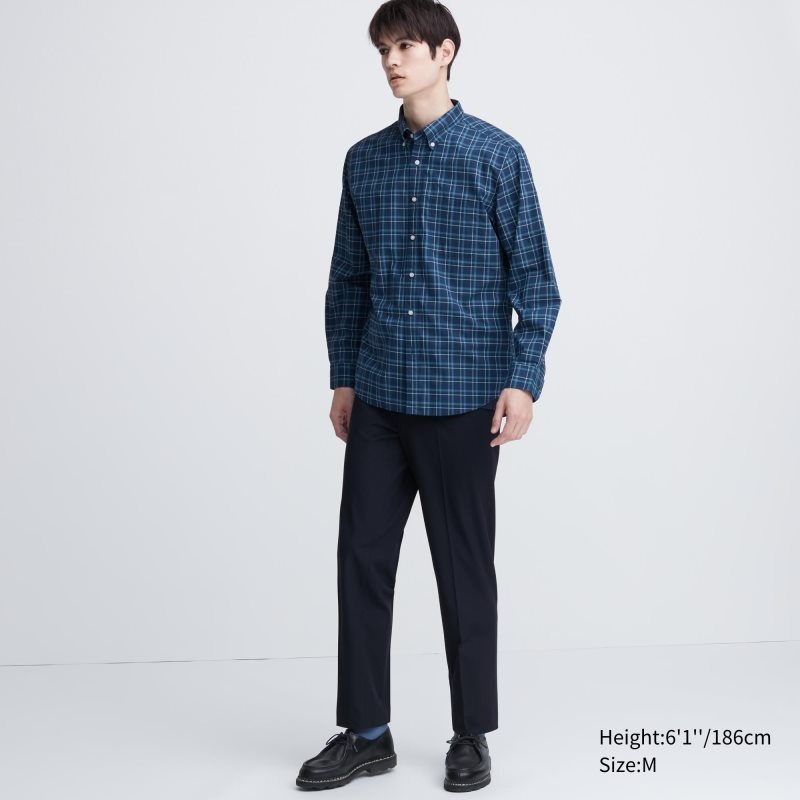 Chemises Uniqlo Extra Fine Cotton Broadcloth Checked Long-sleeve Homme Bleu Marine | 2952488