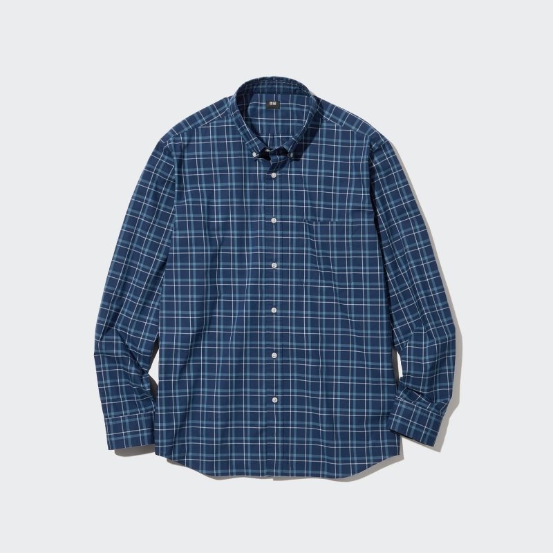 Chemises Uniqlo Extra Fine Cotton Broadcloth Checked Long-sleeve Homme Bleu Marine | 2952488