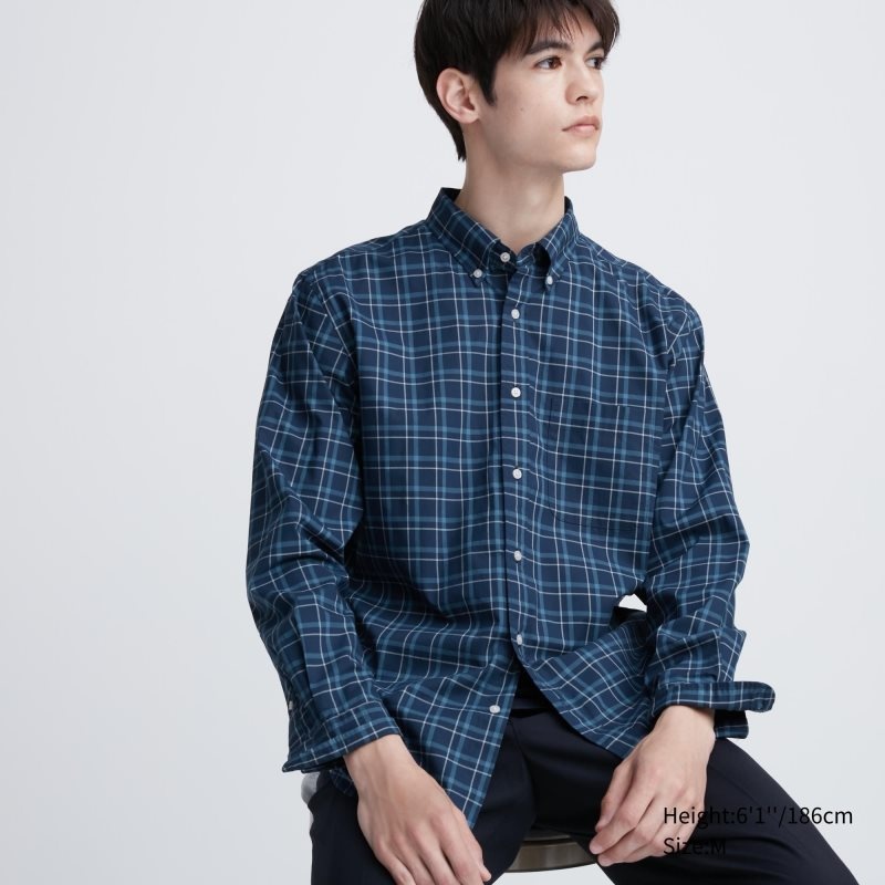 Chemises Uniqlo Extra Fine Cotton Broadcloth Checked Long-sleeve Homme Bleu Marine | 2952488