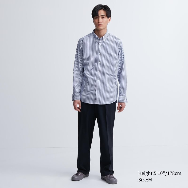 Chemises Uniqlo Extra Fine Cotton Broadcloth Striped Long-sleeve Homme Bleu | 1285493