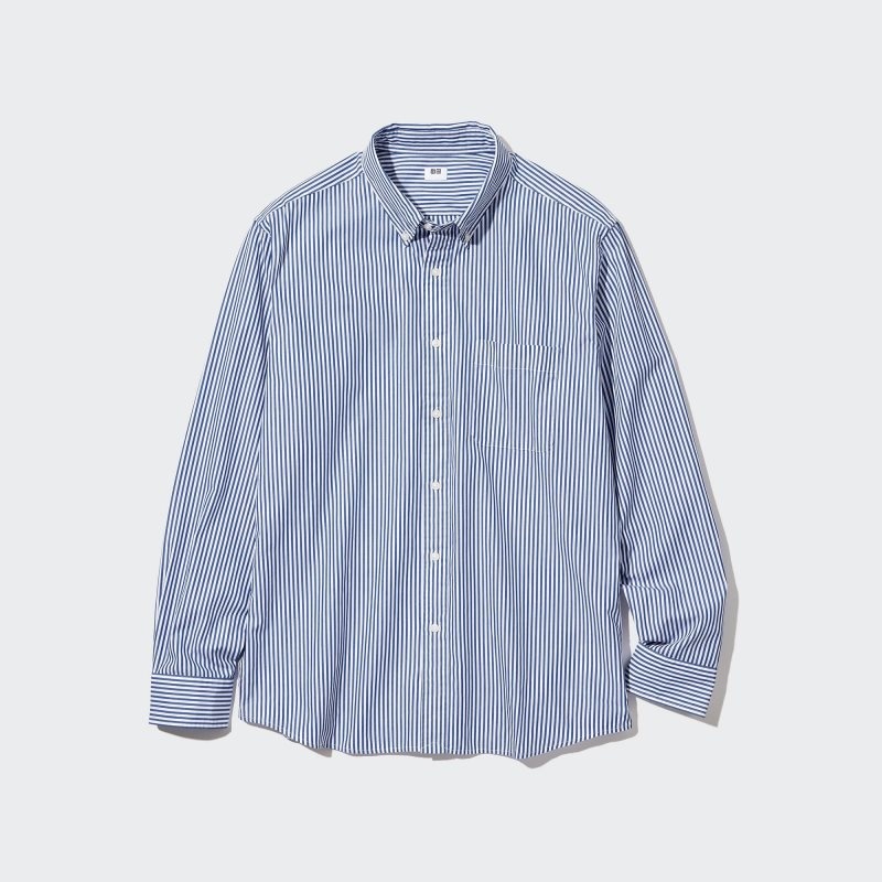 Chemises Uniqlo Extra Fine Cotton Broadcloth Striped Long-sleeve Homme Bleu | 1285493