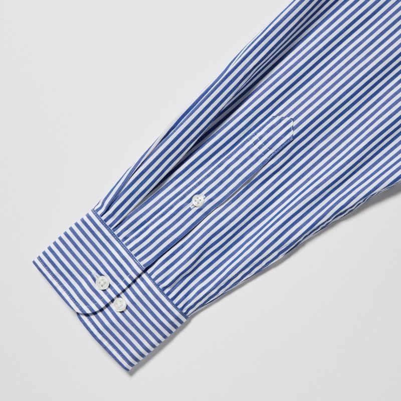 Chemises Uniqlo Extra Fine Cotton Broadcloth Striped Long-sleeve Homme Bleu | 1285493