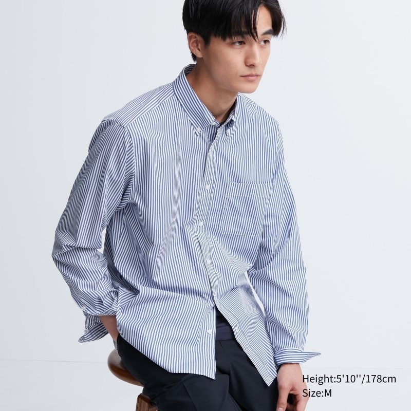 Chemises Uniqlo Extra Fine Cotton Broadcloth Striped Long-sleeve Homme Bleu | 1285493