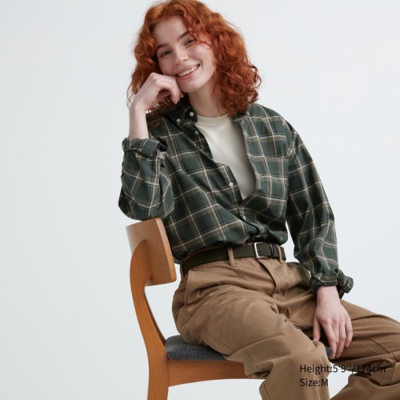 Chemises Uniqlo Extra Fine Cotton Broadcloth Checked Casual Femme Vert Olive | 5007199