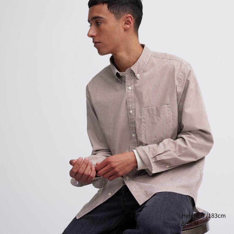 Chemises Uniqlo Extra Fine Cotton Broadcloth Checked Long-sleeve Homme Marron | 9249760