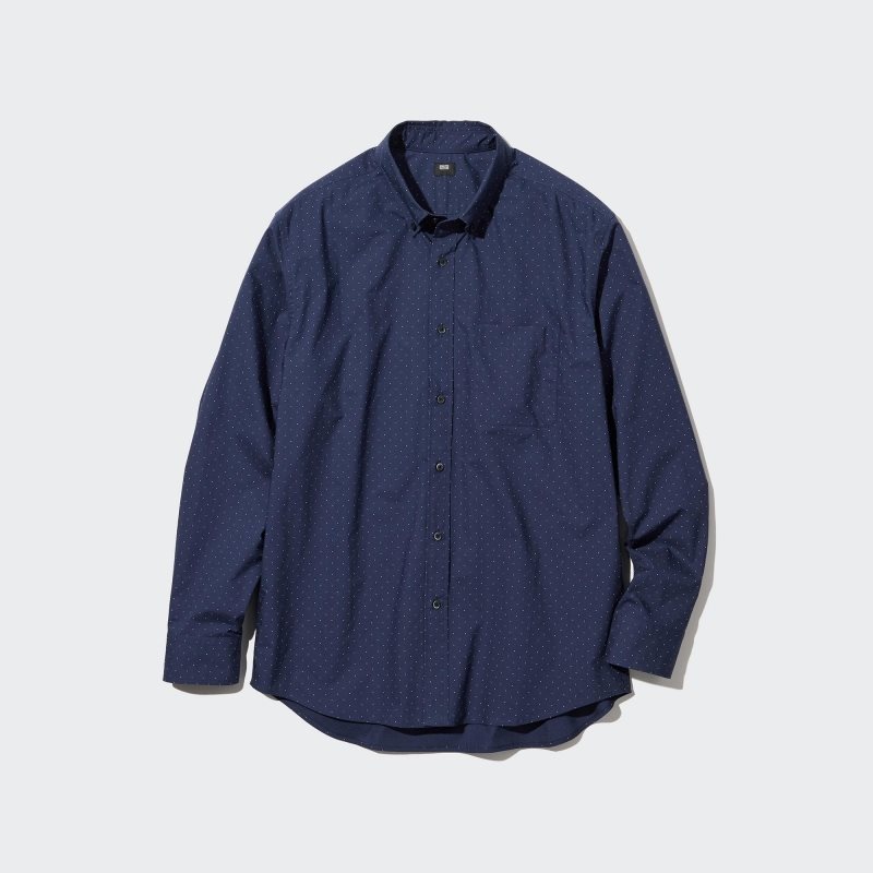 Chemises Uniqlo Extra Fine Cotton Broadcloth Dotted Long-sleeve Homme Bleu Marine | 7578080