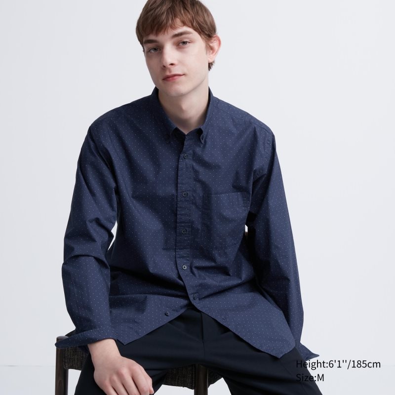 Chemises Uniqlo Extra Fine Cotton Broadcloth Dotted Long-sleeve Homme Bleu Marine | 7578080