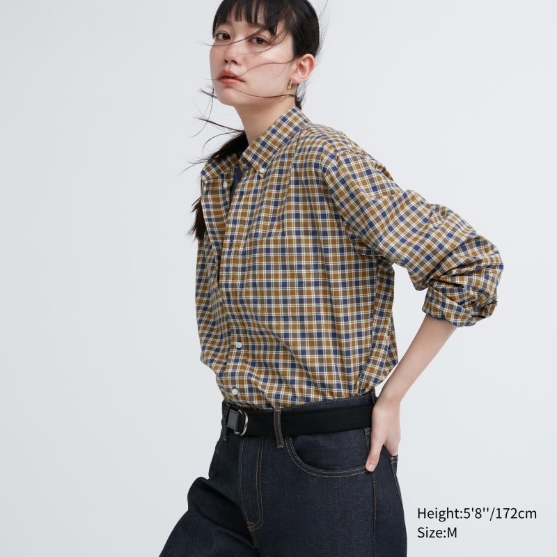 Chemises Uniqlo Extra Fine Cotton Broadcloth Checked Long-sleeve Homme Jaune | 8133829