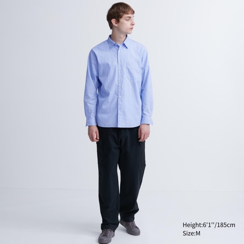 Chemises Uniqlo Extra Fine Cotton Broadcloth Striped Long-sleeve Homme Bleu | 5781818