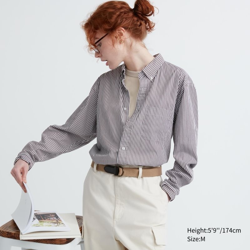 Chemises Uniqlo Extra Fine Cotton Broadcloth Striped Long-sleeve Homme Marron | 2844733