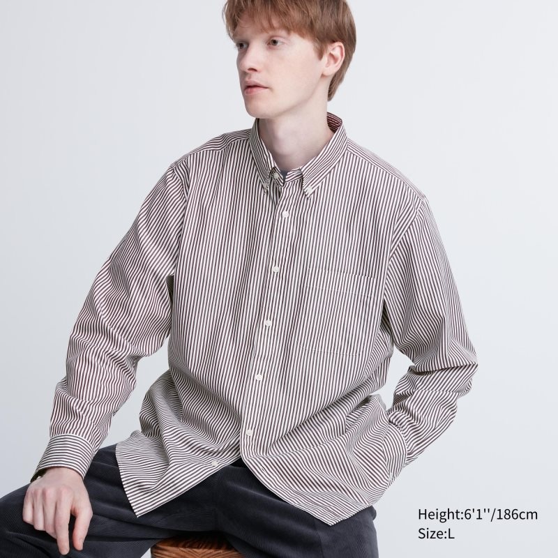 Chemises Uniqlo Extra Fine Cotton Broadcloth Striped Long-sleeve Homme Marron | 2844733