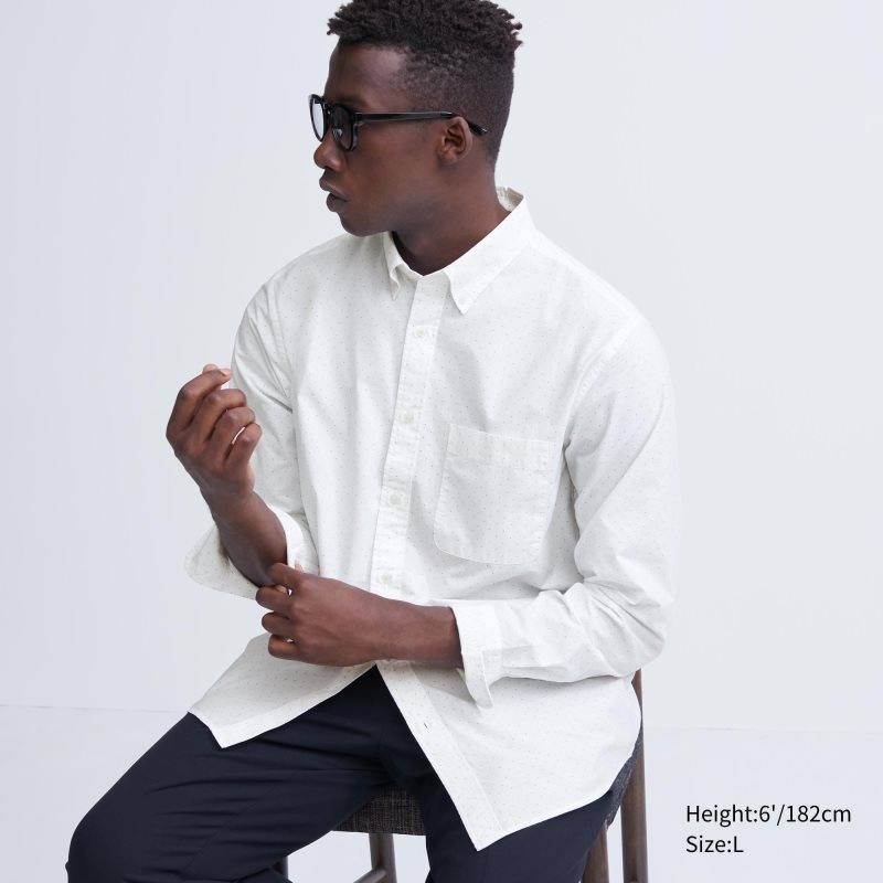 Chemises Uniqlo Extra Fine Cotton Broadcloth Dotted Long-sleeve Homme Blanche | 2588986