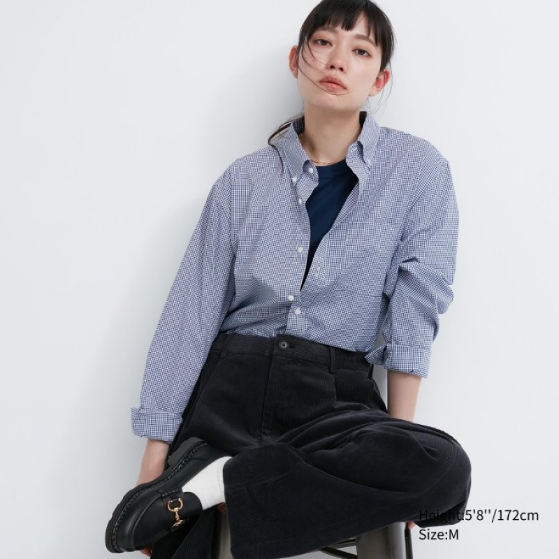 Chemises Uniqlo Extra Fine Cotton Broadcloth Checked Casual Femme Bleu | 1064491