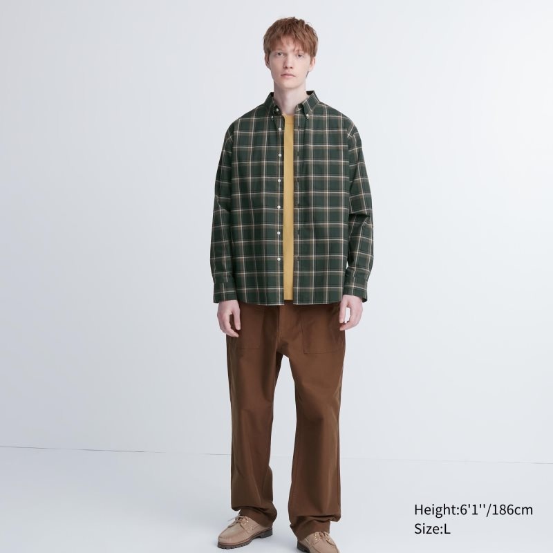 Chemises Uniqlo Extra Fine Cotton Broadcloth Checked Long-sleeve Homme Vert Olive | 6669856