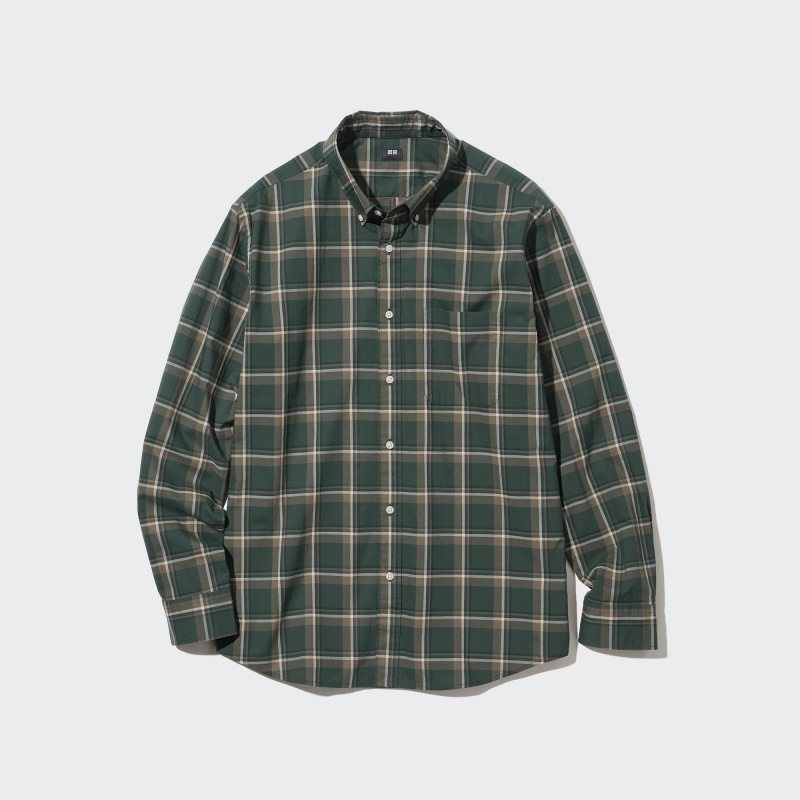Chemises Uniqlo Extra Fine Cotton Broadcloth Checked Long-sleeve Homme Vert Olive | 6669856