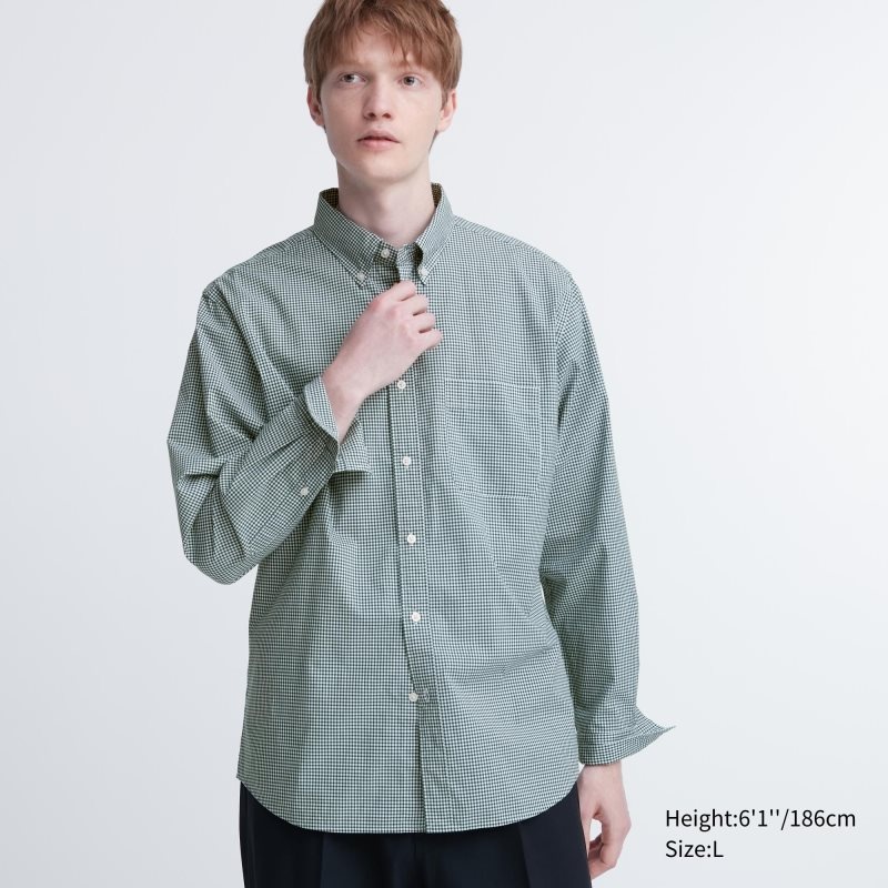 Chemises Uniqlo Extra Fine Cotton Broadcloth Checked Long-sleeve Homme Vert | 8833584