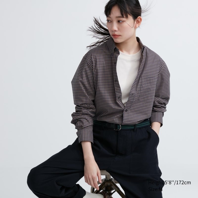 Chemises Uniqlo Extra Fine Cotton Broadcloth Checked Long-sleeve Homme Marron | 5946019