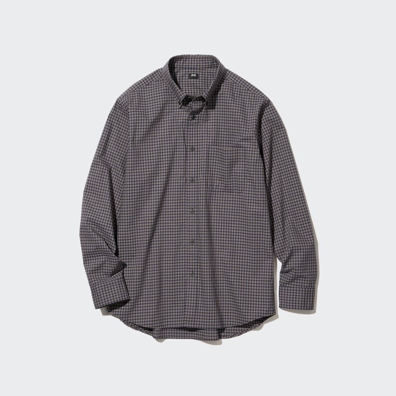 Chemises Uniqlo Extra Fine Cotton Broadcloth Checked Long-sleeve Homme Marron | 5946019
