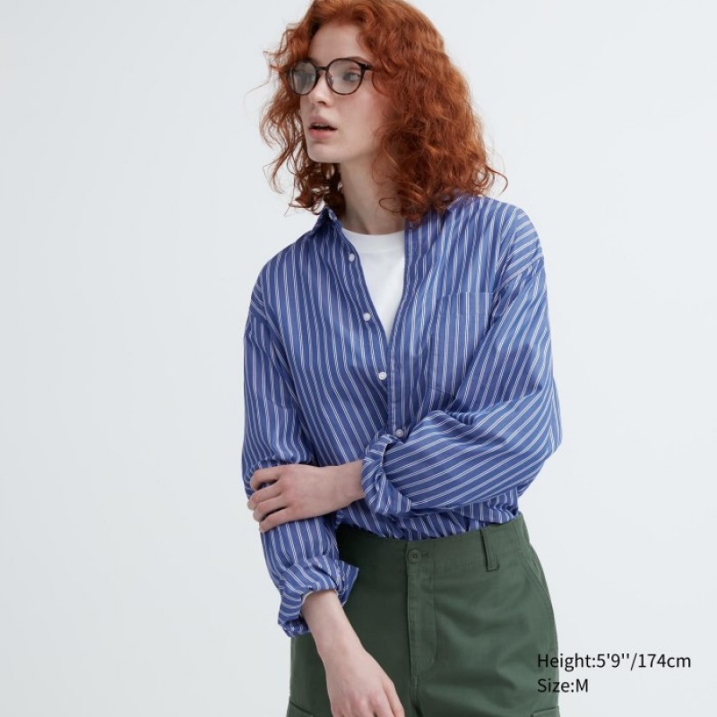 Chemises Uniqlo Extra Fine Cotton Broadcloth Striped Casual Femme Bleu | 9701671