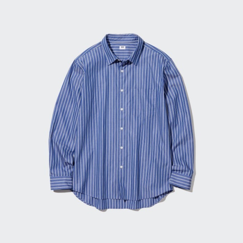 Chemises Uniqlo Extra Fine Cotton Broadcloth Striped Casual Femme Bleu | 9701671