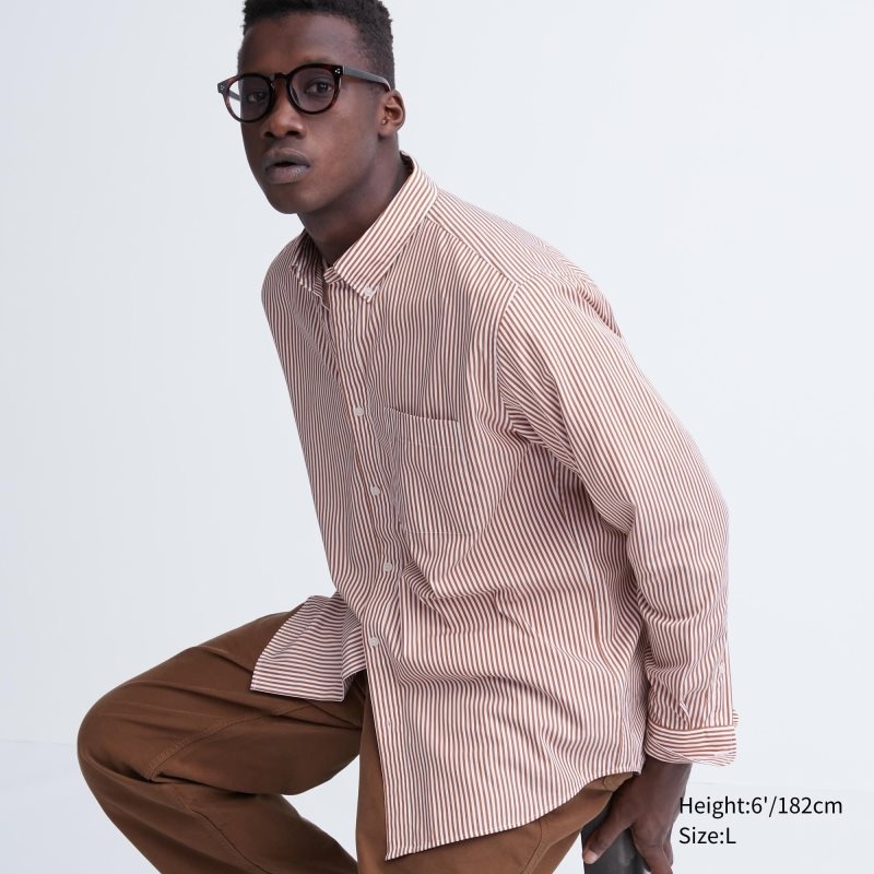 Chemises Uniqlo Extra Fine Cotton Broadcloth Striped Long-sleeve Homme Orange | 1950235