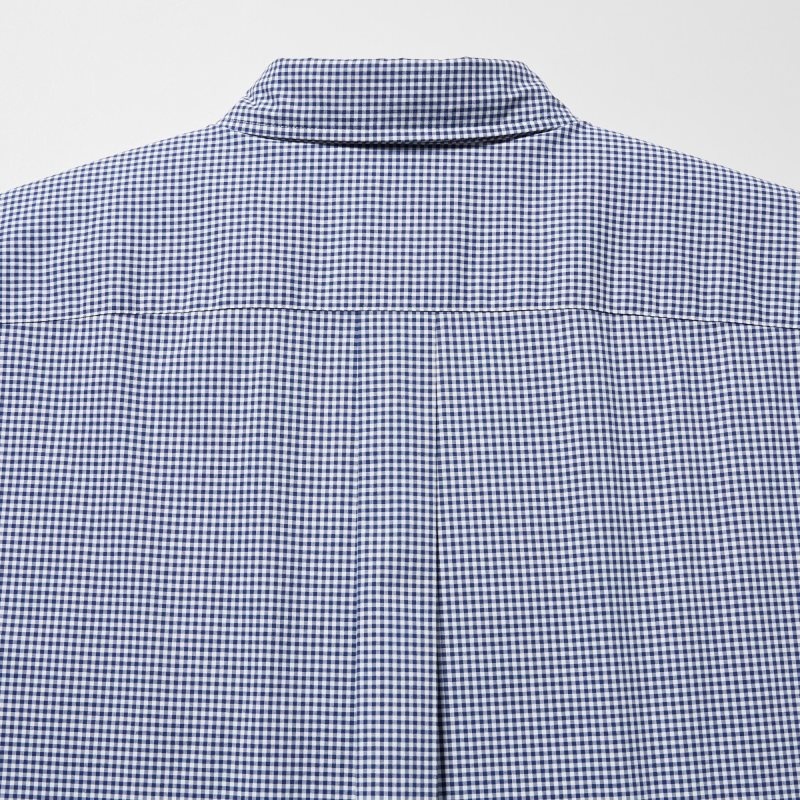 Chemises Uniqlo Extra Fine Cotton Broadcloth Checkered Long-sleeve Homme Bleu | 9401638