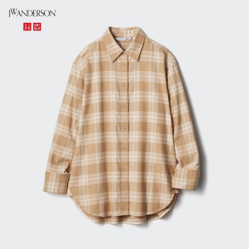 Chemises Uniqlo Flannel Checked Long-Sleeve Long Femme Beige | 3749833