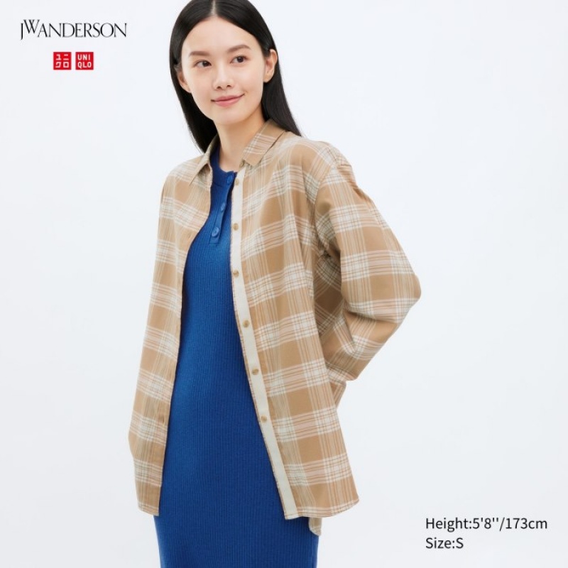 Chemises Uniqlo Flannel Checked Long-Sleeve Long Femme Beige | 3749833