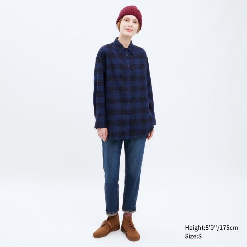 Chemises Uniqlo Flannel Checked Long-Sleeve Long Femme Bleu Marine | 8781920