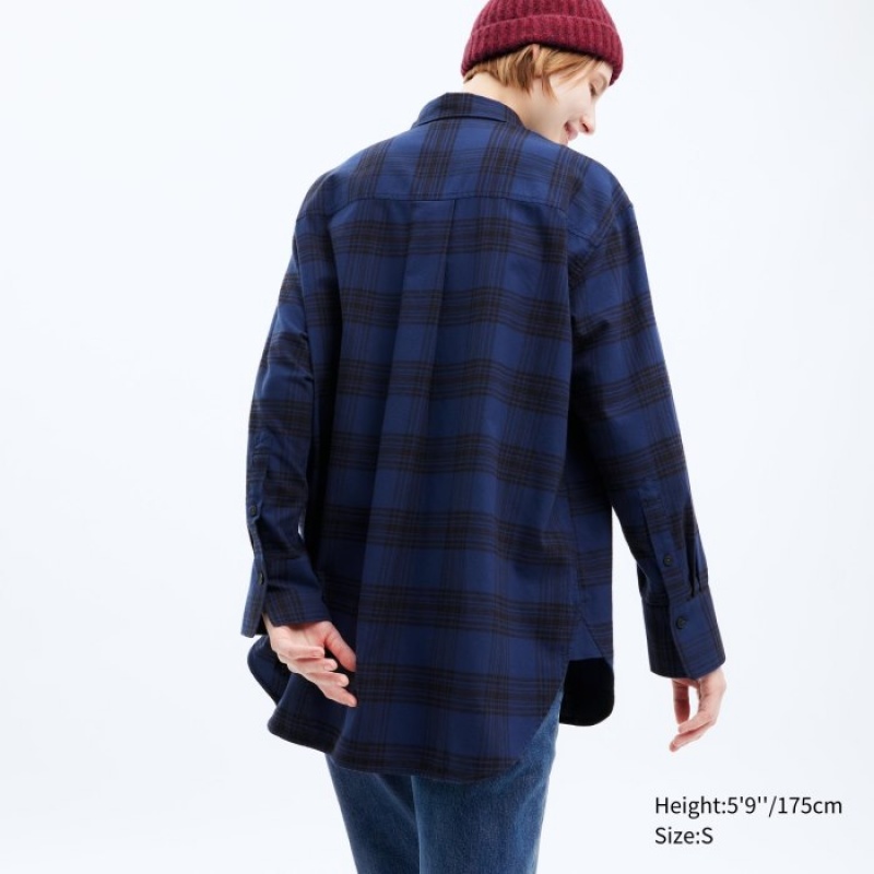 Chemises Uniqlo Flannel Checked Long-Sleeve Long Femme Bleu Marine | 8781920
