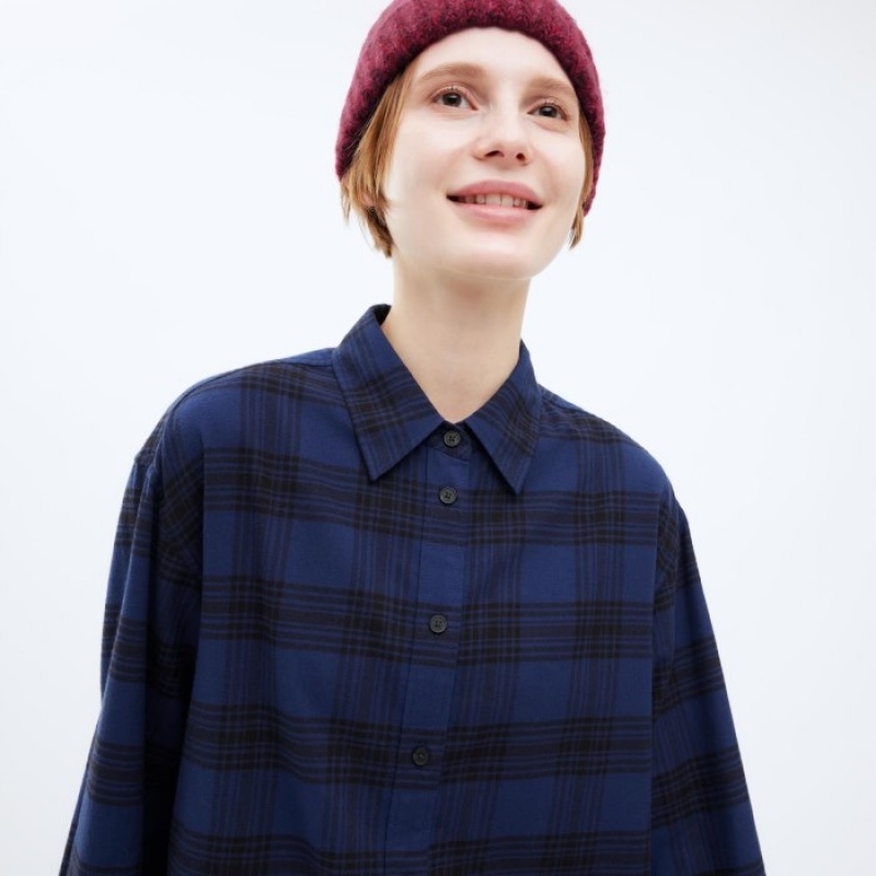 Chemises Uniqlo Flannel Checked Long-Sleeve Long Femme Bleu Marine | 8781920